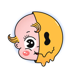 Funny baby head and smile face print for t shirt.Vector line doodle traditional retro cartoon illustration.Funny vintage cartoon print poster,t-shirt,sticker concept