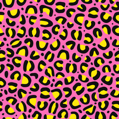 Fototapeta premium Leopard pink skin seamless pattern art.Vector style cartoon illustration design wallpaper.Leopard,jaguar pink skin fur,90s fashion seamless pattern background concept