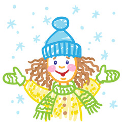 Children's picture. Happy little girl catches the first snowflakes. Drawing with a marker or colored chalk. In cartoon style. Isolated on white background. Vector illustration