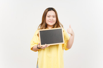 Naklejka premium Showing, Presenting and holding Blank Blackboard of Beautiful Asian Woman wearing yellow T-Shirt