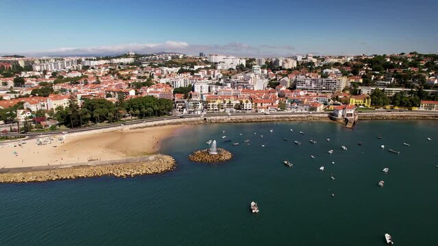 Aerial View Paco de Arcos bay - Artificial geyser - Oeiras, Portugal on a summer day
