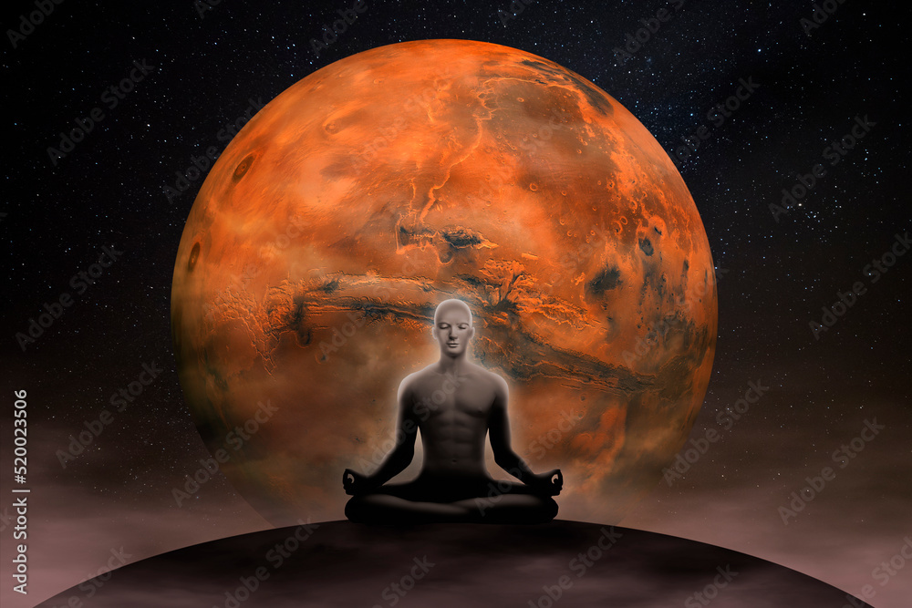 Sticker man meditating in front of the mars planet