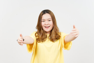 Offering Hug of Beautiful Asian Woman wearing yellow T-Shirt Isolated On White Background