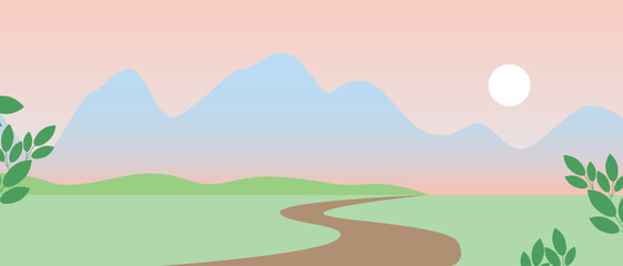 Mountain landscape with road and sunrise, flat vector stock illustration or horizontal banner for design