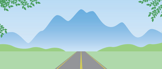 Mountain landscape with day's road, flat vector stock illustration or pattern with horizontal panorama of nature in summer