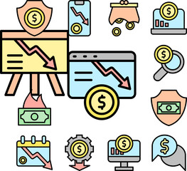 web site arrow coin dollar icon in a collection with other items