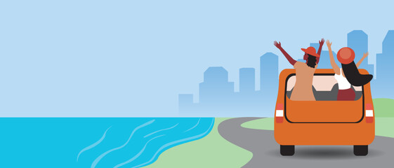 Happy people on road trip to sea, flat vector stock illustration or copy space template for overlay