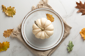 Overhead view of table setting with white pumpkin autumn