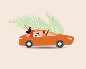 LGBTQ family with dog by car as road trip, flat vector stock illustration with modern leaves isolated