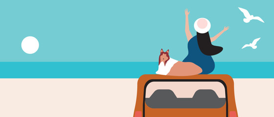 Overweight woman and dog admiring ocean view, vector stock illustration or copy space template with road trip