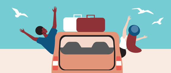 Happy couple on beach by car, vector stock illustration with woman and African man on road trip