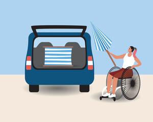 Disabled person in wheelchair packing their vehicles with supplies, bags, beach chairs and umbrella, flat vector stock illustration with inclusive road trip