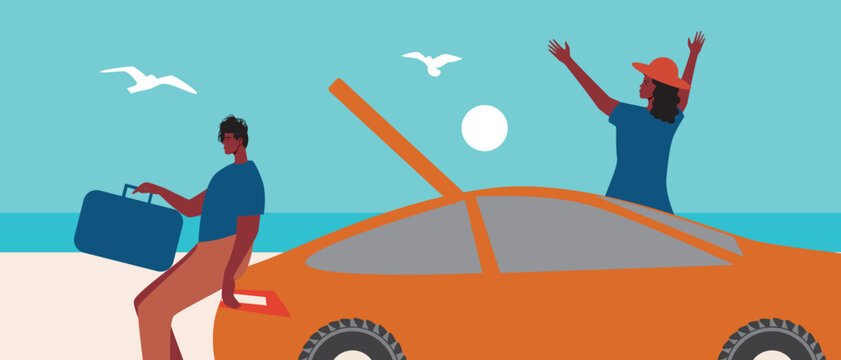 African couple celebrate joy of arrival with bags being unpacked, vector stock illustration with road trip