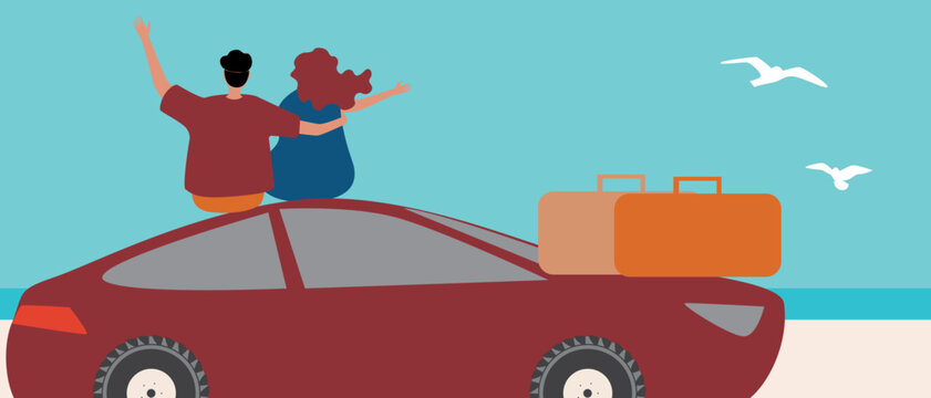 Happy couple celebrate joy of arrival, vector stock illustration or copy space template with road trip