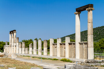 Fototapeta premium Epidaurus, Greece, July 17, 2022. Archaeological site. Epidaurus was an ancient religious site and village located on the fertile Argolis plain of the eastern Peloponnese in Greece