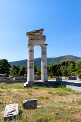Fototapeta na wymiar Epidaurus, Greece, July 17, 2022. Archaeological site. Epidaurus was an ancient religious site and village located on the fertile Argolis plain of the eastern Peloponnese in Greece