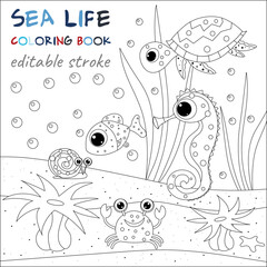 Cute jellyfish, fish and sea plants. Original coloring pages of the underwater world.