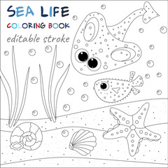 Cute puffer fish, stingray and starfish. Original coloring pages of the underwater world.