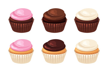 Set of cupcakes with basic flavors. Cupcakes without decorations and additives. Chocolate, vanilla, strawberry cupcake.