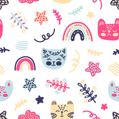 Bright children's vector pattern in the scandinavian style on a white background. Cute cartoon pastel kittens, rainbows, twigs and stars for babies, textiles, prints, decor, interior, cards, wrappers