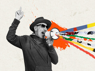 Excited senior man shouting at megaphone over abstract background. Collage in magazine style....