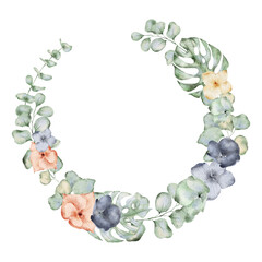 Watercolor wreath with anemone flowers, eucalyptus and monstera leaves. Hand drawn illustration