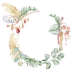Watercolor wreath with anemone flowers, eucalyptus and monstera leaves. Hand drawn illustration