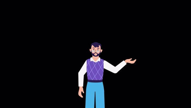 man thinking and looking for answer. ALPHA channel animation. shrugs his shoulders. uncertainty, question, no solution concept. hopelessness, despair, frustration on his face. transparent background