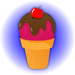 Cherry ice cream with chocolate glaze in a waffle cup on a blue background