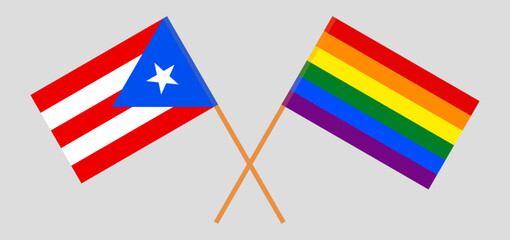 Crossed flags of Puerto Rico and LGBTQ. Official colors. Correct proportion