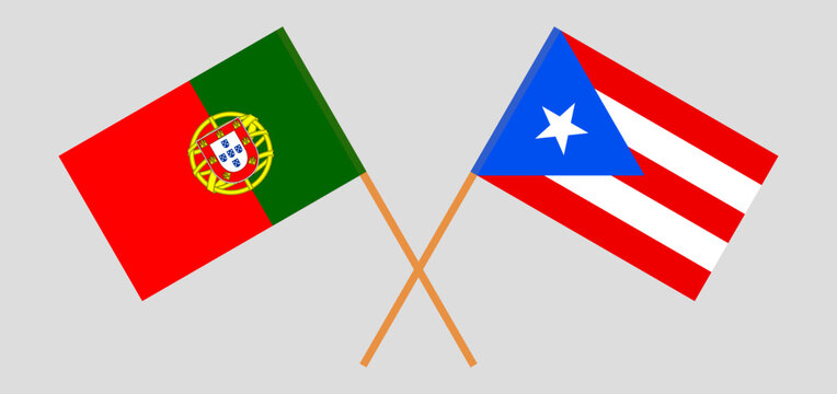 Crossed flags of Portugal and Puerto Rico. Official colors. Correct proportion
