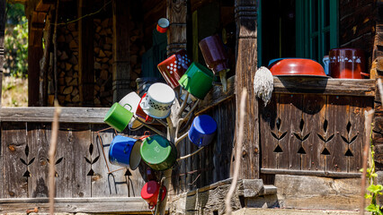 Pots and kitchen utensils at an old farm house in malamutes