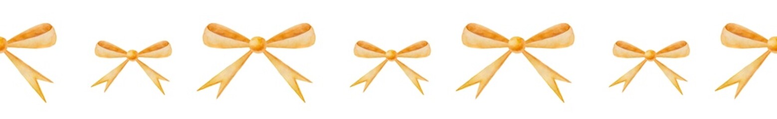 Gold watercolor ribbon double bow on white background preparation for gift wrapping. Pattern