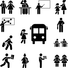 Girl student go bus school pictogram icon in a collection with other items