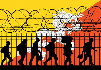 Flag of Bhutan - Refugees near barbed wire fence. Migrants migrates to other countries.