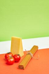 Parmesan, pasta and tomatoes in the colors of the Italian flag