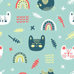 Delicate pastel vector pattern in folk scandinavian style on a mint background. Cute cartoon cats, birds, rainbows and twigs for prints, backgrounds, wallpapers, interiors, wrappers, textiles, kids