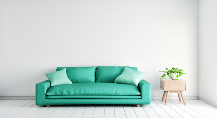 Green sofa with plants table on empty white wall in living room background. Architecture and interior. 3D illustration rendering