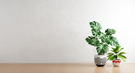 Green plants in houseplants pot with white empty wall background. Interior architecture and natural concept. 3D illustration rendering