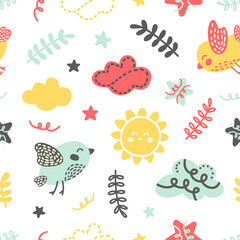 Bright folk scandinavian vector pattern on a white background. Cute cartoon pastel birds, clouds, suns, twigs and stars for prints, backgrounds, textiles, wrappers, postcards, decor, kids, toddlers