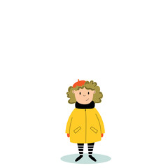 Illustration that girls wearing a yellow raincoat in the rainy season. Girl dressed in French style. 