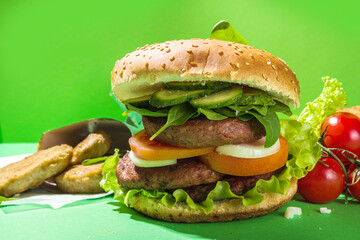 Vegan burger with green based cutlet