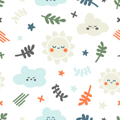 Delicate vector pattern in Scandinavian folk style on a white background. Suns, clouds, leaves and stars in pastel colors for children, kids, prints, backgrounds, textiles, wrappers, postcards, decor