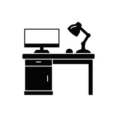 Computer desktop, workspace table icon in black flat glyph, filled style isolated on white background