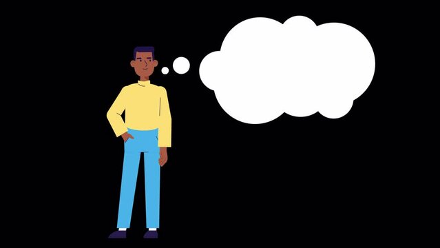 young man thinking, animation ALPHA channel. speech bubble or thought bubble above his head with copy space for text. think, analyse. Question, problem concept. Stock video transparent background