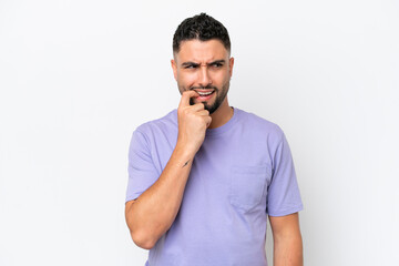 Young Arab handsome man isolated on white background nervous and scared