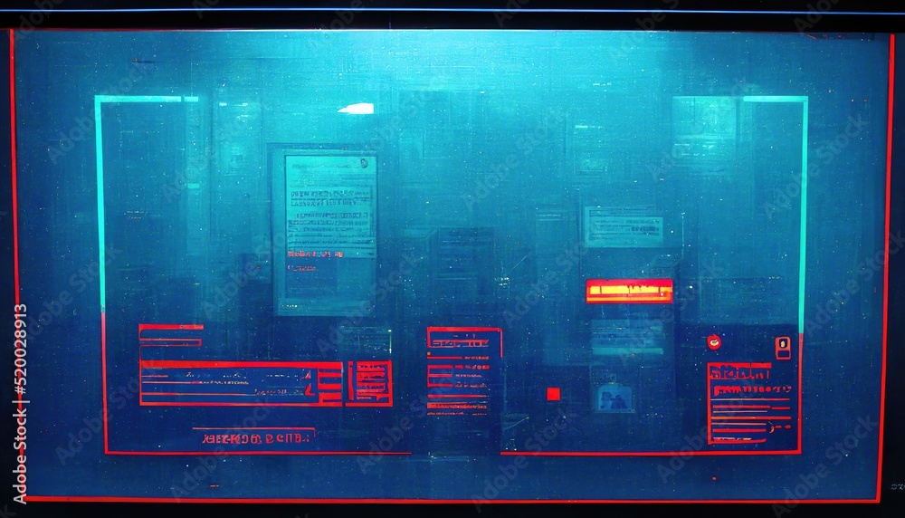 Fototapete The pop-up screen of the computer warning about the hacking of the system, the compromised software environment is neon blue. A warning screen about near the system, 3D rendering