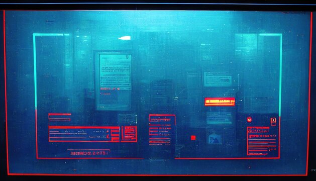 The pop-up screen of the computer warning about the hacking of the system, the compromised software environment is neon blue. A warning screen about near the system, 3D rendering