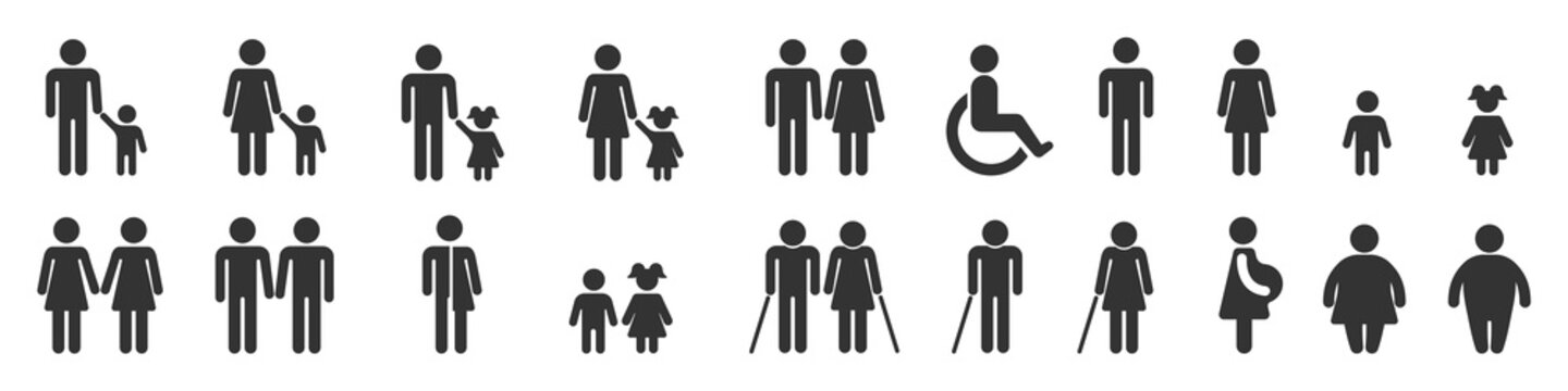 Pictograms people. Icons of children, adults and the elderly. LGBT pictograms .Family Icons set on isolated white background. Vector EPS 10