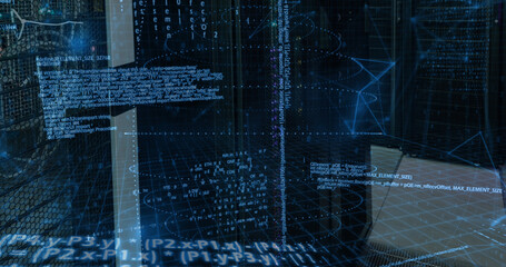 Image of data processing and shapes over server room